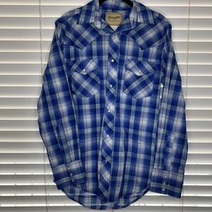 Wrangler Men’s Small Petite Blue Stripped Pearl Snap Long Sleeve Dress Shirt 325
